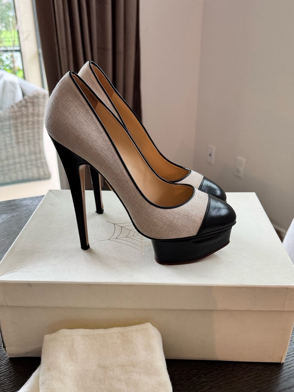 Charlotte Olympia Beige and Black Platform Peep-Toe Pumps